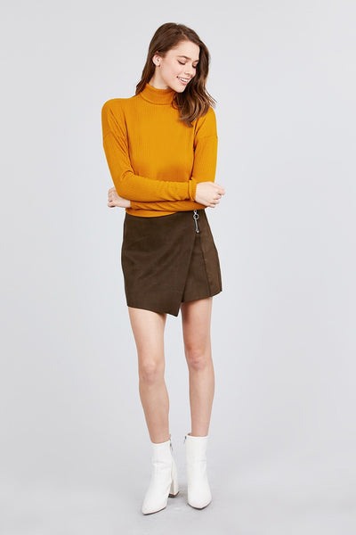 Long Dolman Sleeve Turtle Neck Rib Knit Top