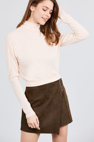 Long Dolman Sleeve Turtle Neck Rib Knit Top