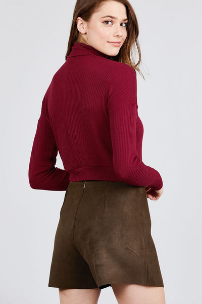 Long Dolman Sleeve Turtle Neck Rib Knit Top