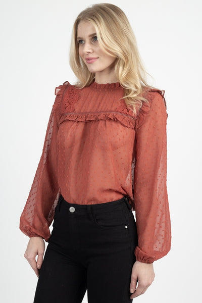 Sheer Swiss Dot Ruffle Top