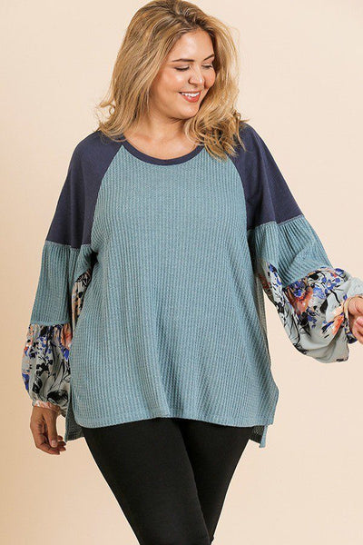 Floral Print Long Puff Sleeve Round Neck Waffle Knit Top