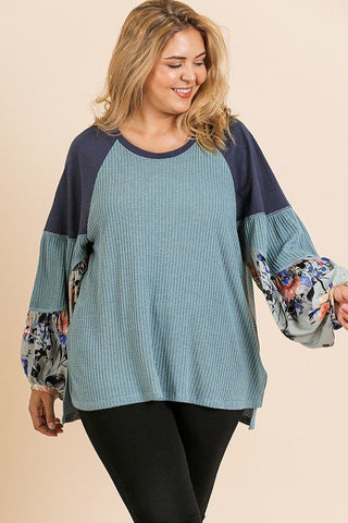 Floral Print Long Puff Sleeve Round Neck Waffle Knit Top