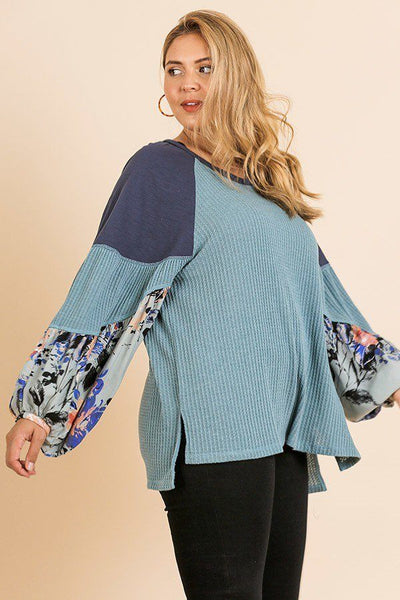 Floral Print Long Puff Sleeve Round Neck Waffle Knit Top