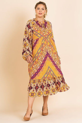 Scarf Mixed Print Long Puff Sleeve Keyhole Maxi Dress