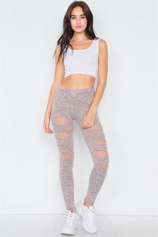 Marled Taupe Sheer Lining Distressed Leggings
