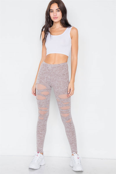 Marled Taupe Sheer Lining Distressed Leggings