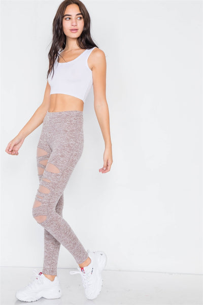 Marled Taupe Sheer Lining Distressed Leggings