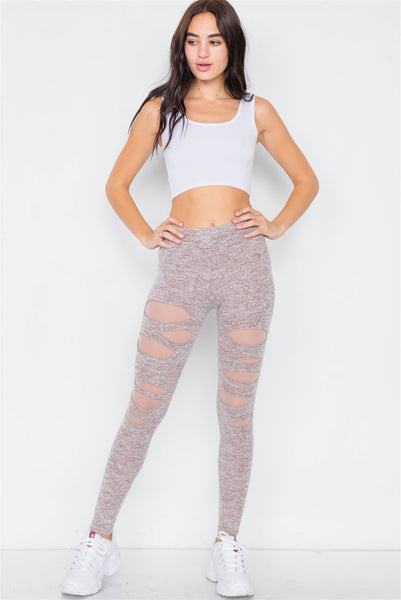 Marled Taupe Sheer Lining Distressed Leggings