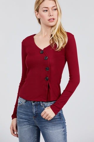 Long Sleeve V-neck Cross Wrap W/button Detail Rib Knit Top