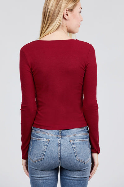 Long Sleeve V-neck Cross Wrap W/button Detail Rib Knit Top