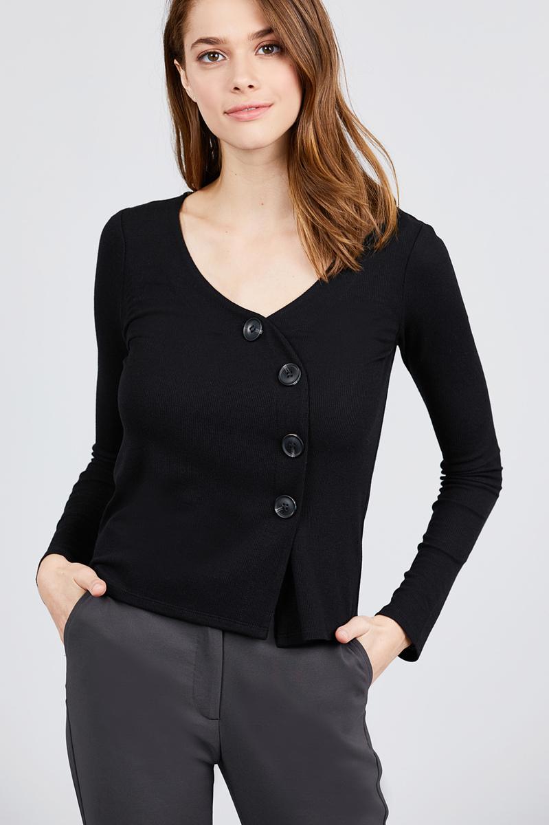 Long Sleeve V-neck Cross Wrap W/button Detail Rib Knit Top