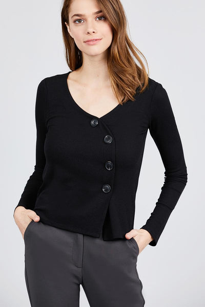 Long Sleeve V-neck Cross Wrap W/button Detail Rib Knit Top