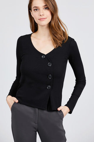 Long Sleeve V-neck Cross Wrap W/button Detail Rib Knit Top