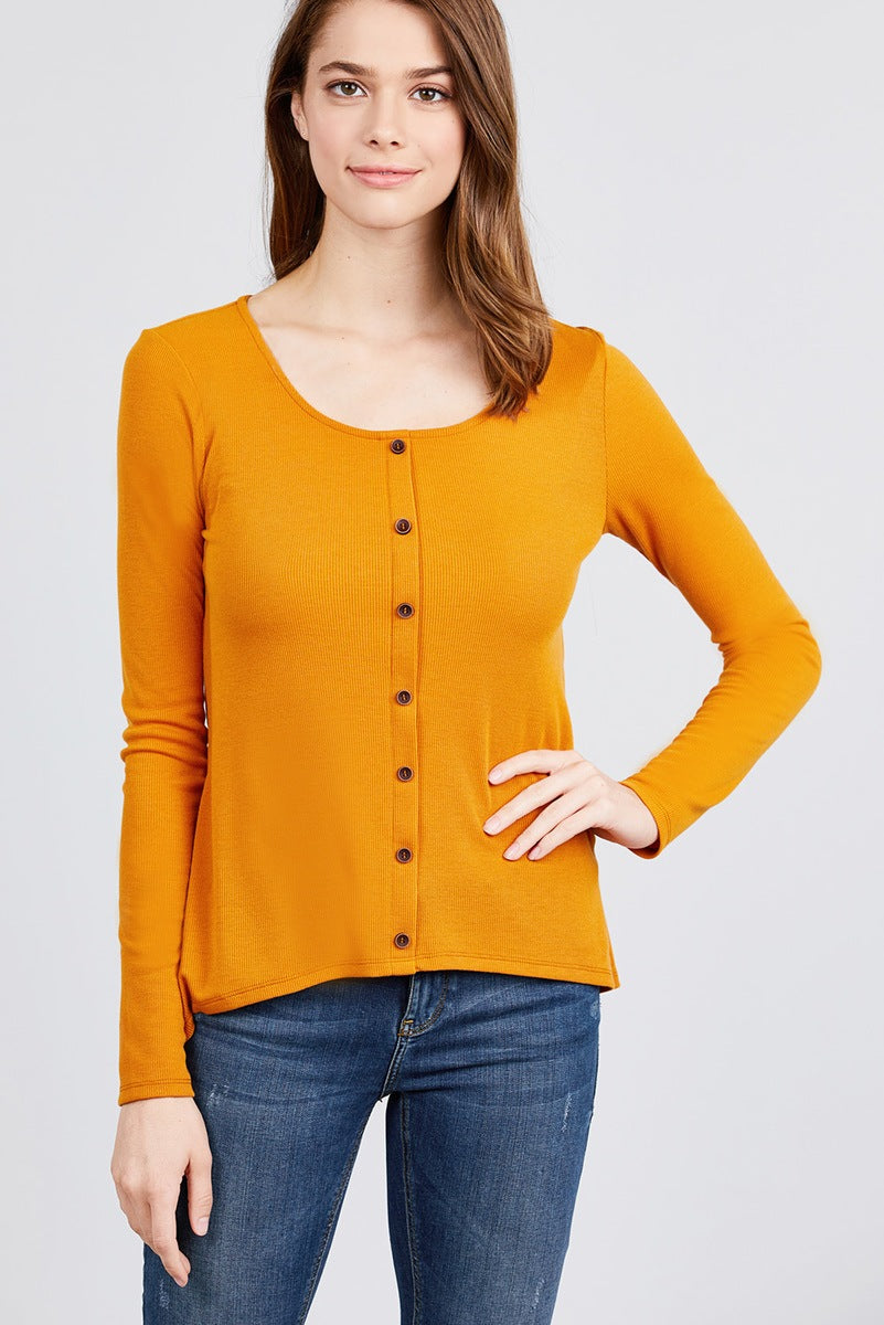 Long Sleeve Round Neck Button Detail Rib Knit Top