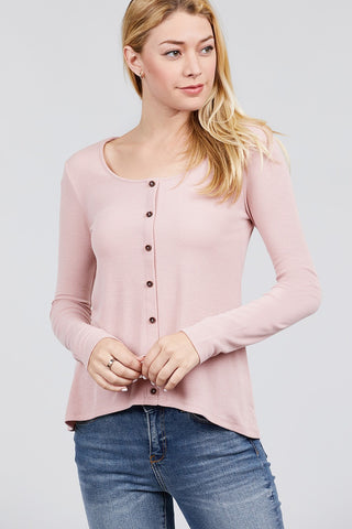 Long Sleeve Round Neck Button Detail Rib Knit Top