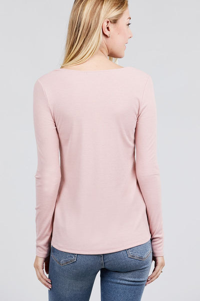 Long Sleeve Round Neck Button Detail Rib Knit Top