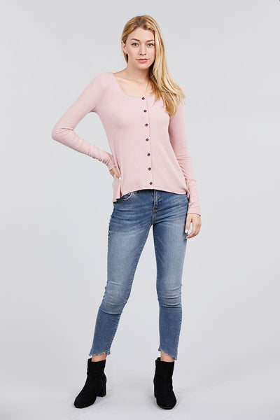 Long Sleeve Round Neck Button Detail Rib Knit Top
