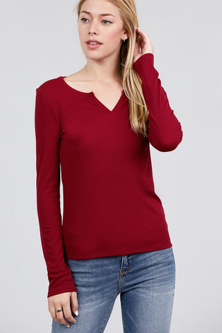 Long Sleeve V-notch Neck Rib Knit Top
