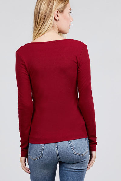 Long Sleeve V-notch Neck Rib Knit Top