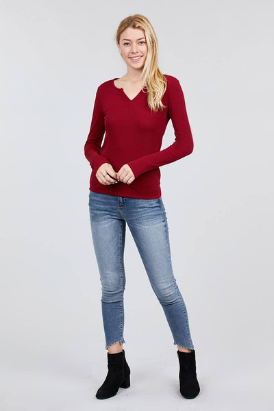 Long Sleeve V-notch Neck Rib Knit Top