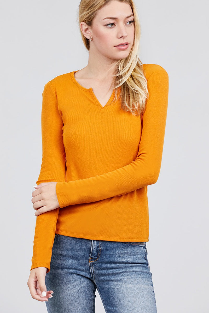 Long Sleeve V-notch Neck Rib Knit Top