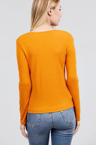Long Sleeve V-notch Neck Rib Knit Top
