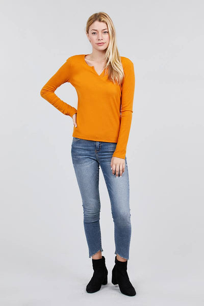 Long Sleeve V-notch Neck Rib Knit Top