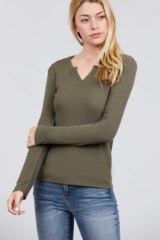 Long Sleeve V-notch Neck Rib Knit Top