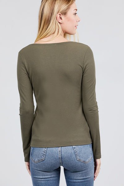 Long Sleeve V-notch Neck Rib Knit Top