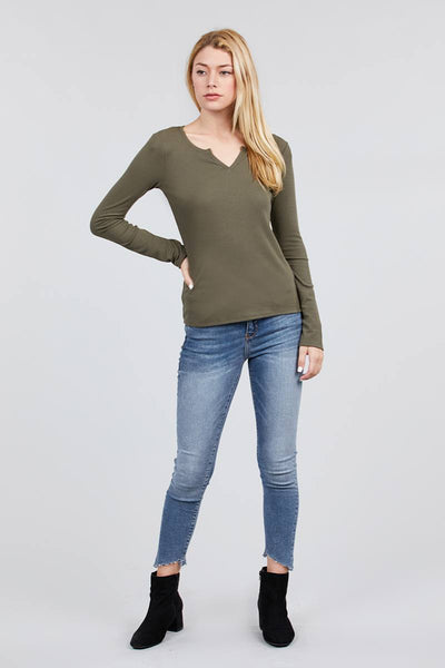 Long Sleeve V-notch Neck Rib Knit Top