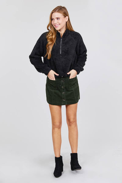 Long Dolman Sleeve Mock Neck W/zipper Detail Toggle Elastic Hem Faux Fur Top