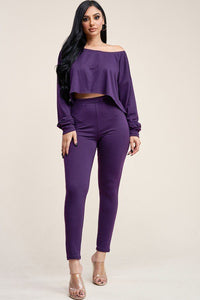 Solid French Terry Long Sleeve Slouchy Top And Leggings Two Piece Set