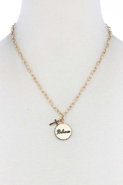 Believe Engrave Metal Circle Pendant Necklace
