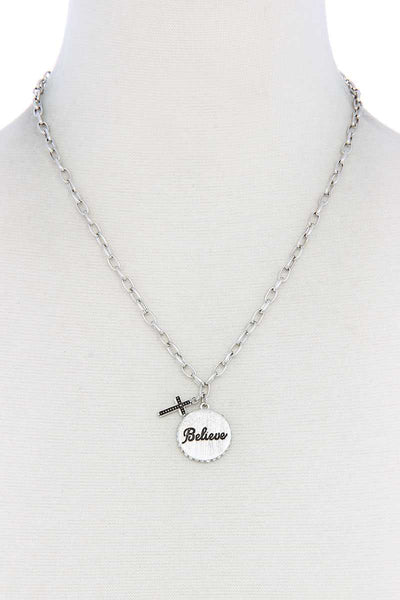 Believe Engrave Metal Circle Pendant Necklace