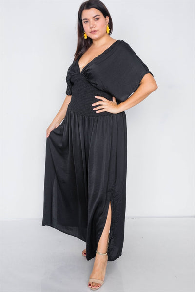 Plus Size V-neck Satin Kimono Sleeve Maxi Dress