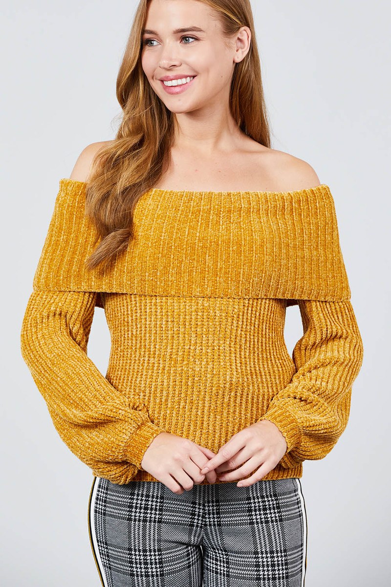 Long Sleeve Fold Over Off The Shoulder Chenille Sweater