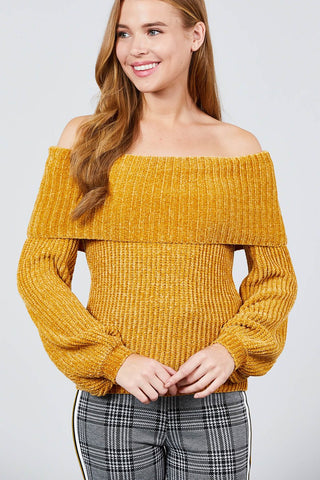 Long Sleeve Fold Over Off The Shoulder Chenille Sweater