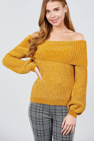 Long Sleeve Fold Over Off The Shoulder Chenille Sweater