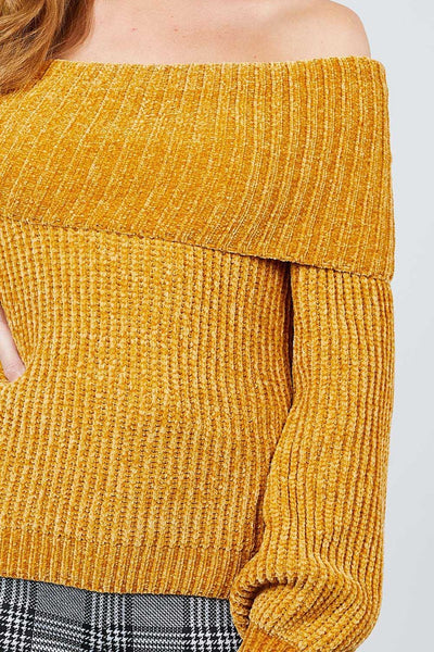 Long Sleeve Fold Over Off The Shoulder Chenille Sweater