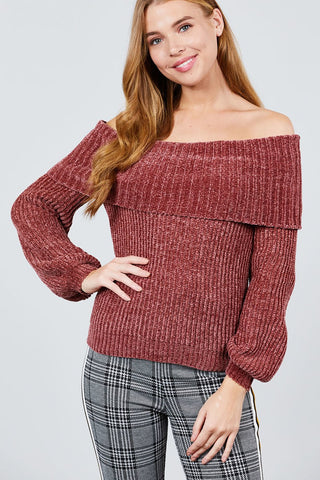 Long Sleeve Fold Over Off The Shoulder Chenille Sweater