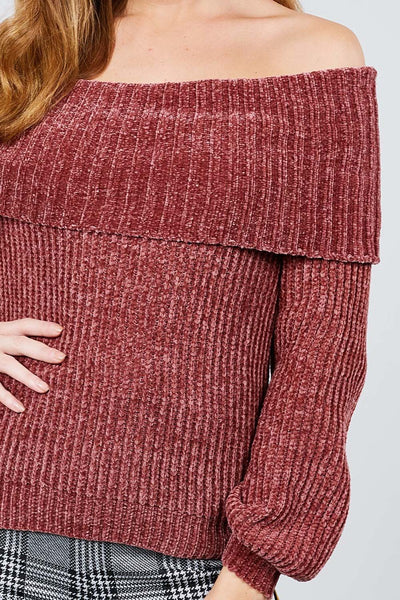 Long Sleeve Fold Over Off The Shoulder Chenille Sweater