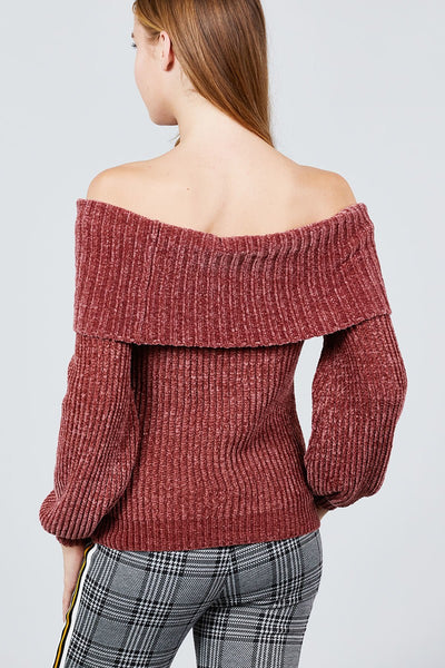 Long Sleeve Fold Over Off The Shoulder Chenille Sweater