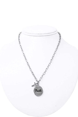 Fashion Side Rhinestone Circle Faith Pendant And Cross Necklace