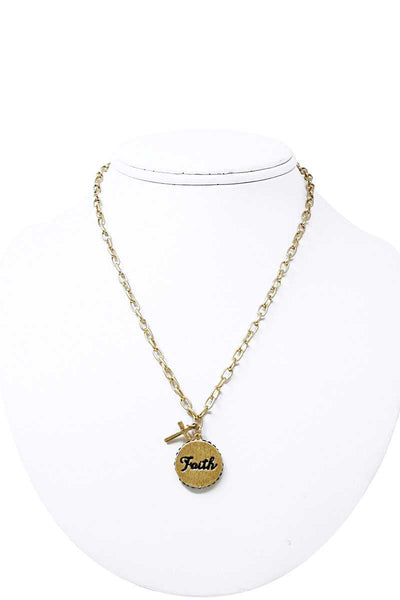 Fashion Side Rhinestone Circle Faith Pendant And Cross Necklace