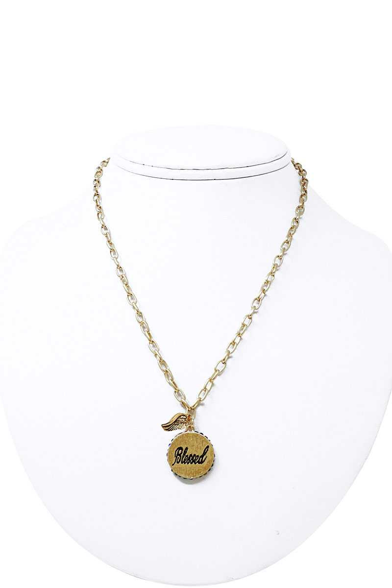 Fashion Side Rhinestone Circle Blessed Pendant And Wing Necklace