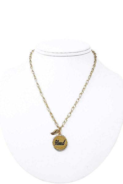 Fashion Side Rhinestone Circle Blessed Pendant And Wing Necklace