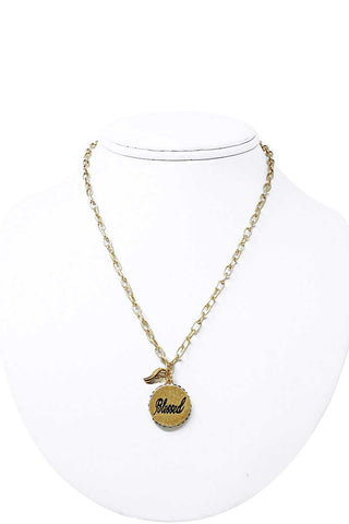 Fashion Side Rhinestone Circle Blessed Pendant And Wing Necklace