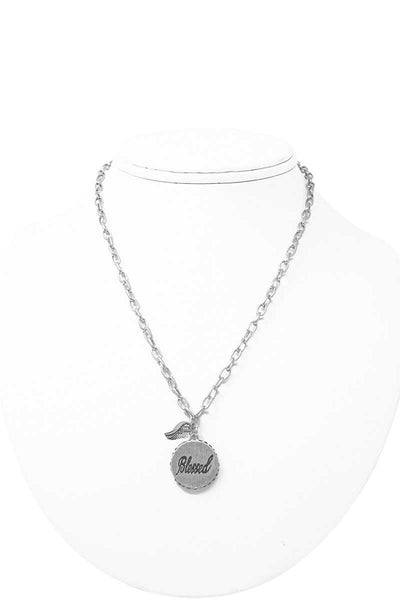 Fashion Side Rhinestone Circle Blessed Pendant And Wing Necklace