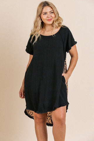 Linen Blend Short Ruffle Sleeve Round Neck Dress