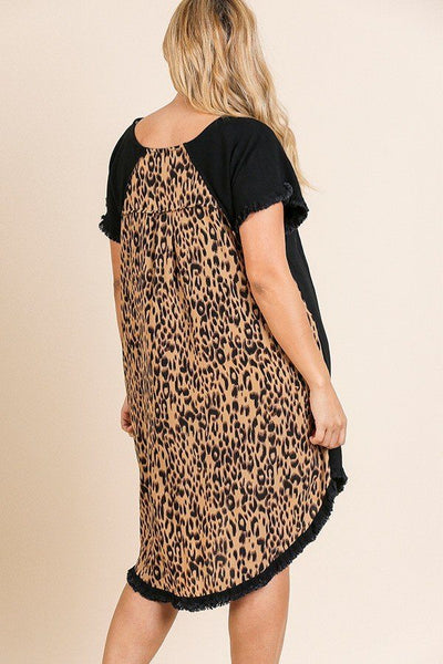 Linen Blend Short Ruffle Sleeve Round Neck Dress